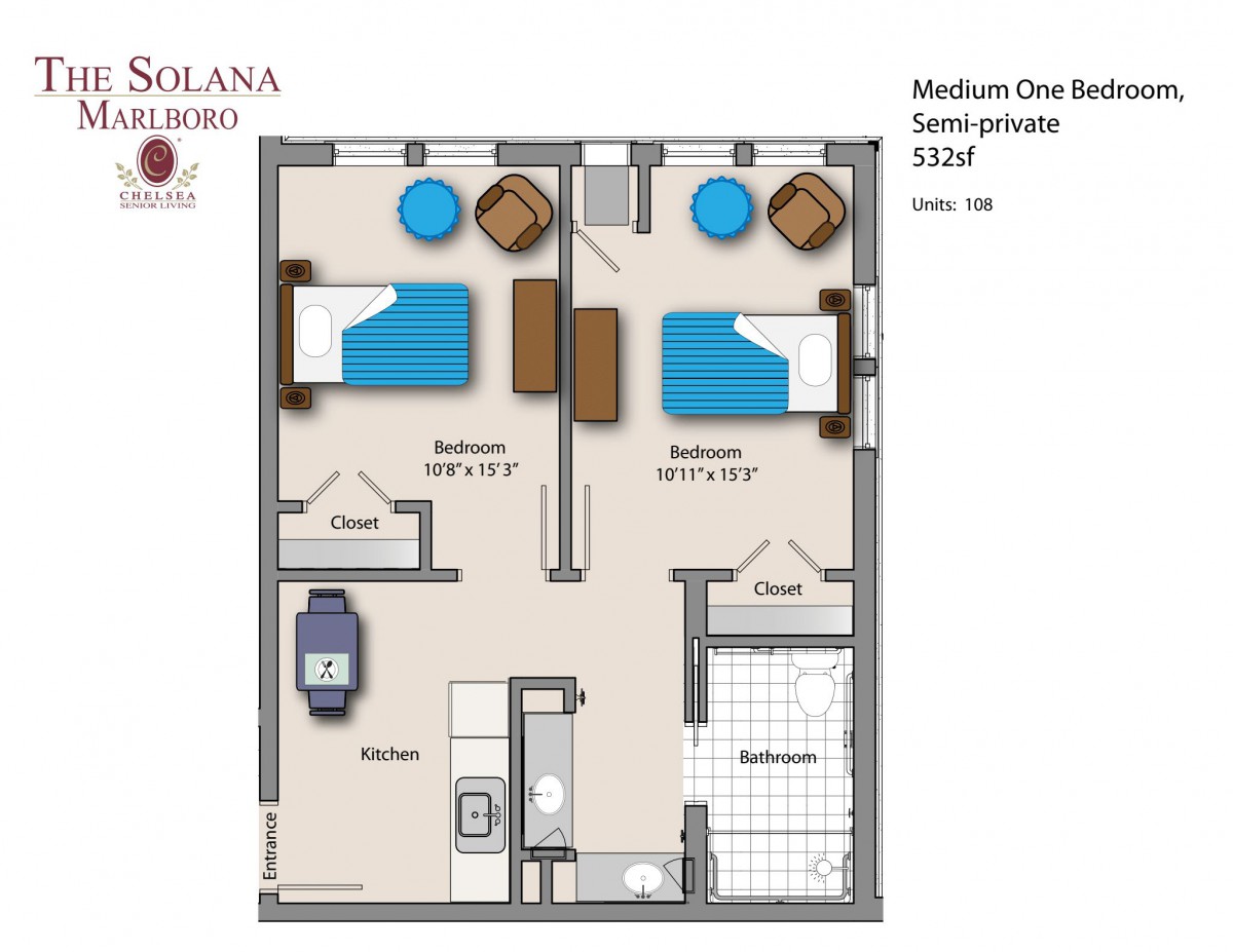 A floor plan of a medium one bedroom living space with a shared bathroom and common living area.