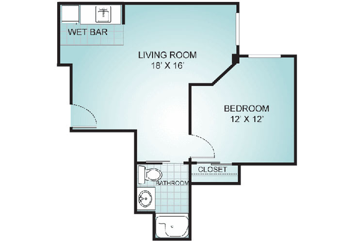 A simple apartment floor plan featuring a living room, bedroom, bathroom, closet, and wet bar.