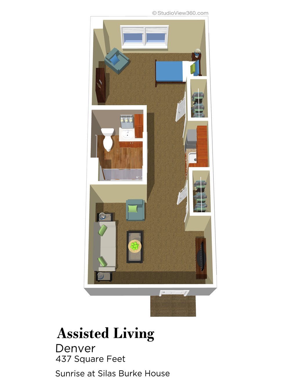 A 3D floor plan of an assisted living apartment featuring a bedroom, bathroom, and living area.