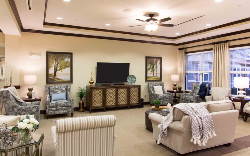 A cozy living room with comfortable seating and elegant decor.
