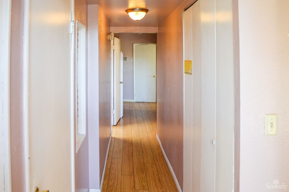 A bright hallway with wooden flooring and multiple doors.