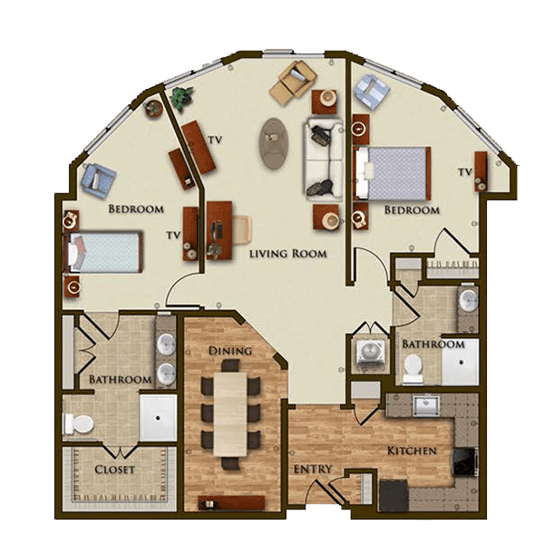 This image shows a detailed layout of a two-bedroom apartment, including living and dining areas, kitchen, and bathrooms.