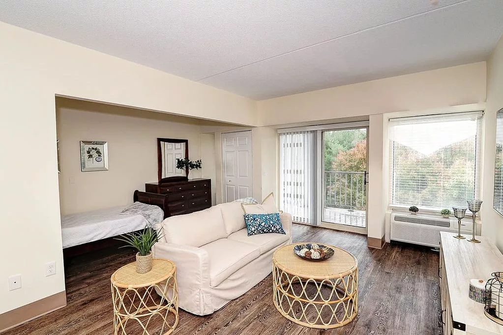 Cozy living room with a sofa, round coffee tables, and large windows providing natural light.