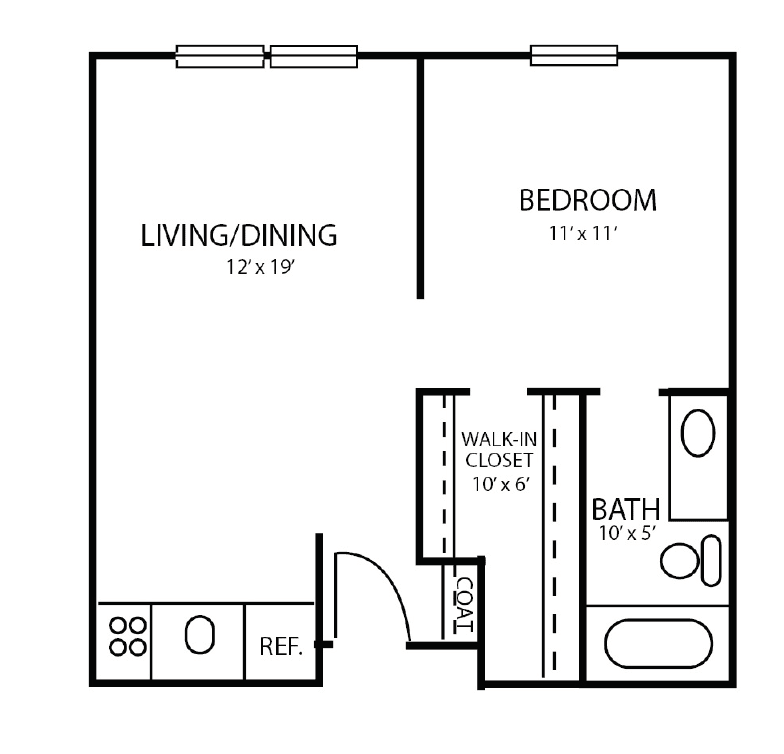 A floor plan of a one-bedroom apartment featuring a living/dining area, bedroom, walk-in closet, and bathroom.