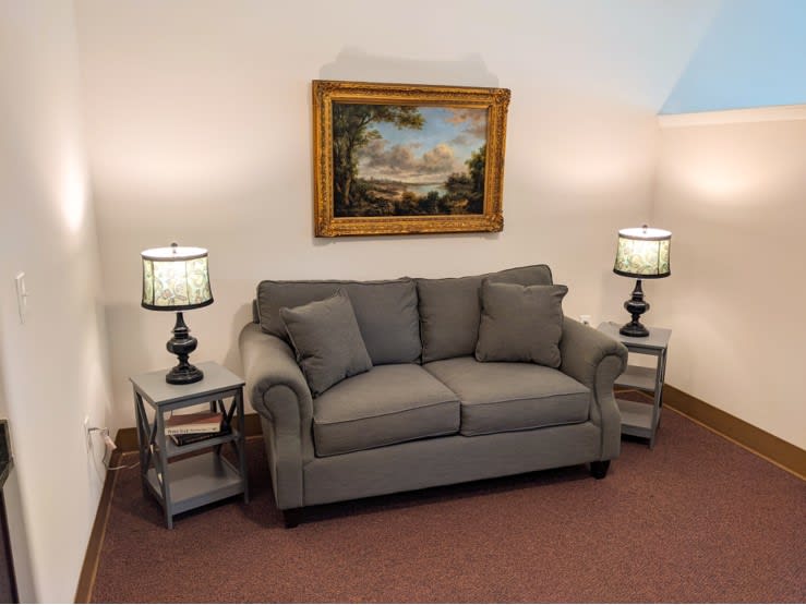 A cozy living room setup with a gray sofa, decorative table lamps, and a landscape painting.