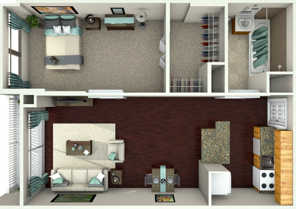 A top-view floor plan of a one-bedroom apartment with a kitchen, bathroom, and living area.