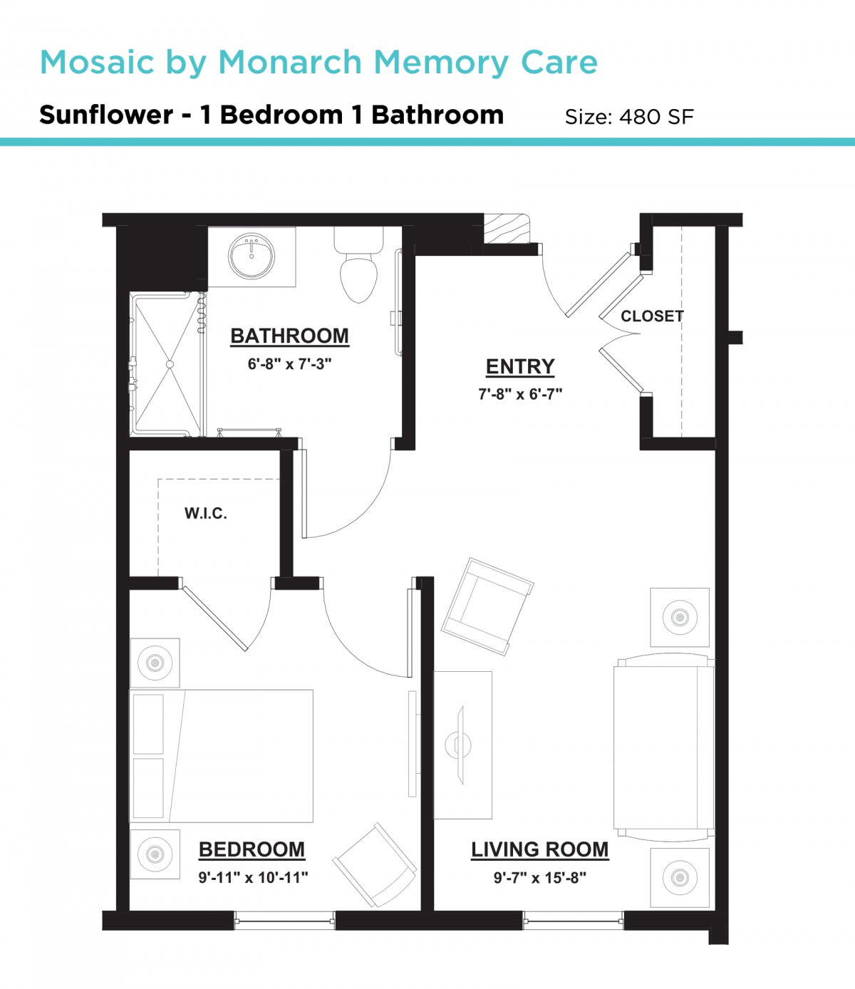 Floor plan of a one-bedroom, one-bathroom apartment with designated living room and kitchen areas.