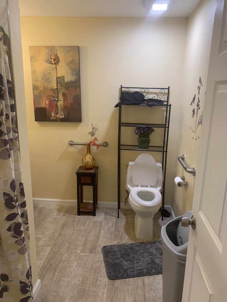 A neatly arranged bathroom with a toilet, shelving unit, artwork, and decorative items.