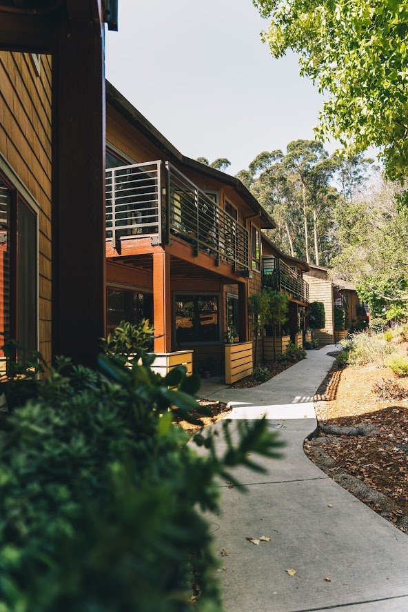 A modern building with balconies nestled in a lush, green outdoor setting.