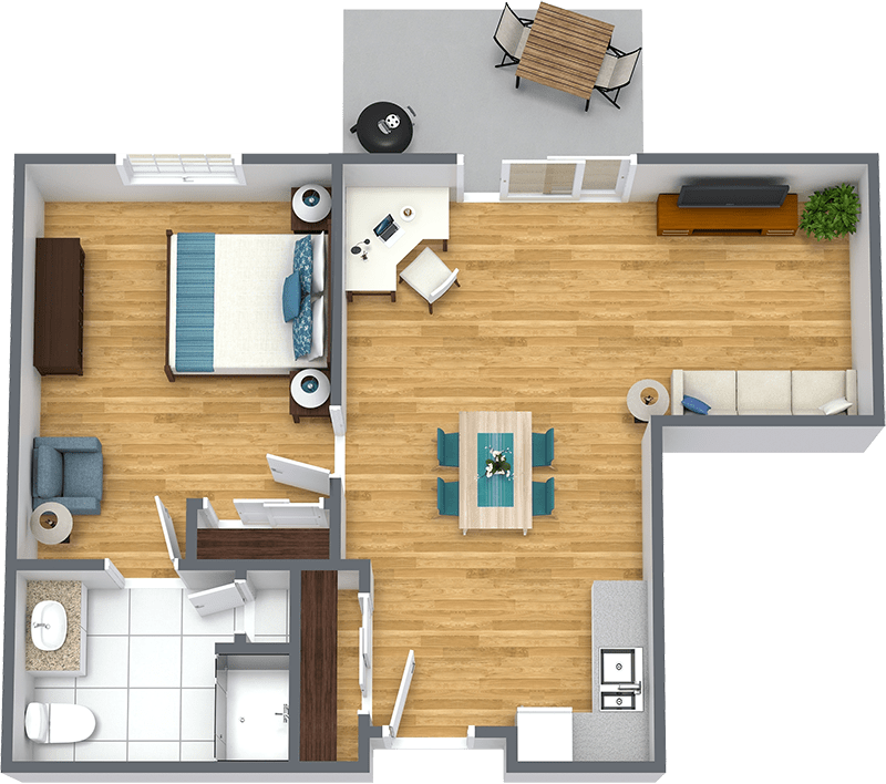 A 3D floor plan showcasing a modern apartment layout with a bedroom, living room, kitchen, bathroom, and dining area.