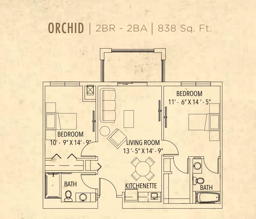 Floor plan of the Orchid apartment featuring a 2-bedroom, 2-bathroom design with a living room and kitchen, measuring 838 square feet.