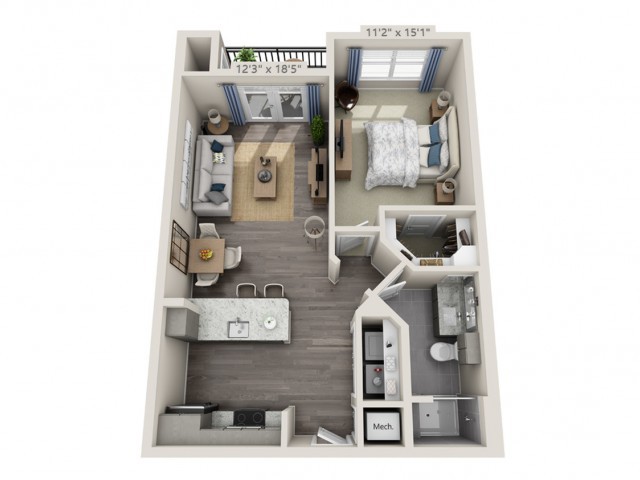 A 3D rendering of a one-bedroom apartment floor plan, featuring a living room, kitchen, and bathroom.