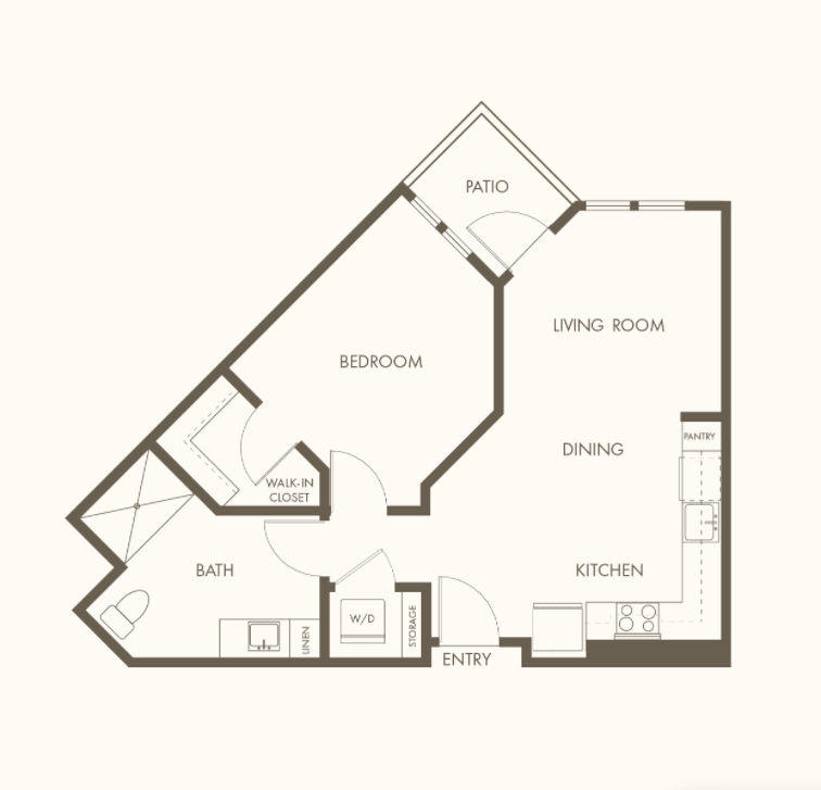 A detailed floor plan of an apartment featuring a bedroom, living room, kitchen, and bathroom.