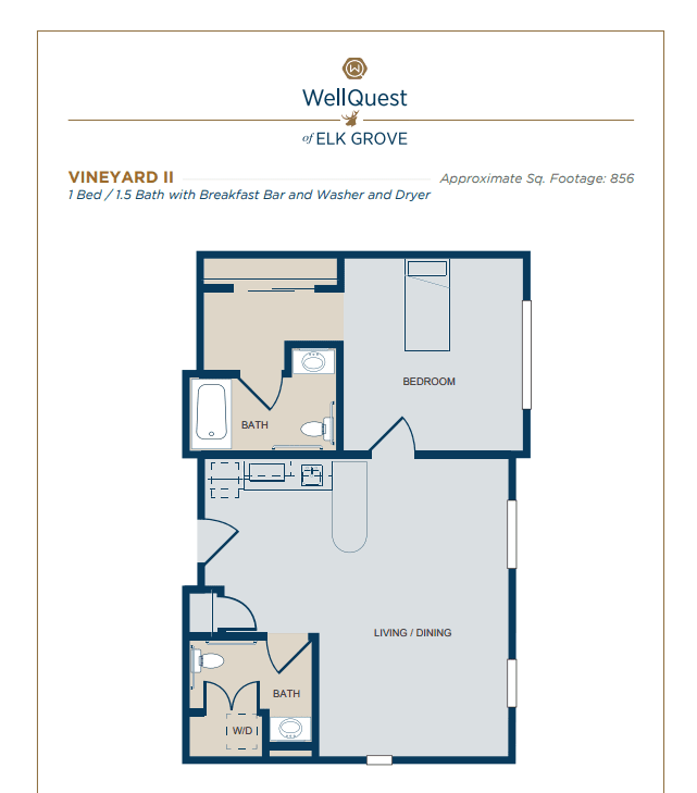 Floor plan of a one-bedroom apartment with designated areas for a bathroom, living room, and kitchen.