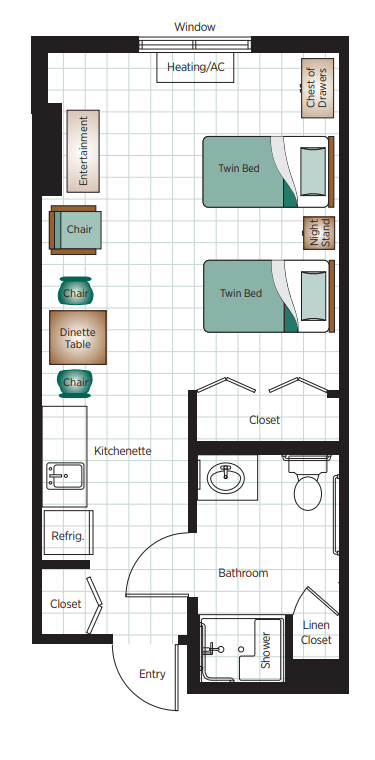 A floor plan of a small bedroom featuring a twin bed, desk, dresser, bathroom, and closet.