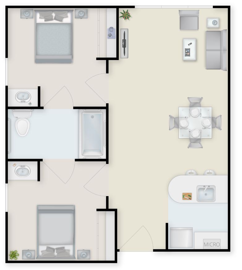 A floor plan of an apartment with two bedrooms, a kitchen, a living room, and a bathroom.