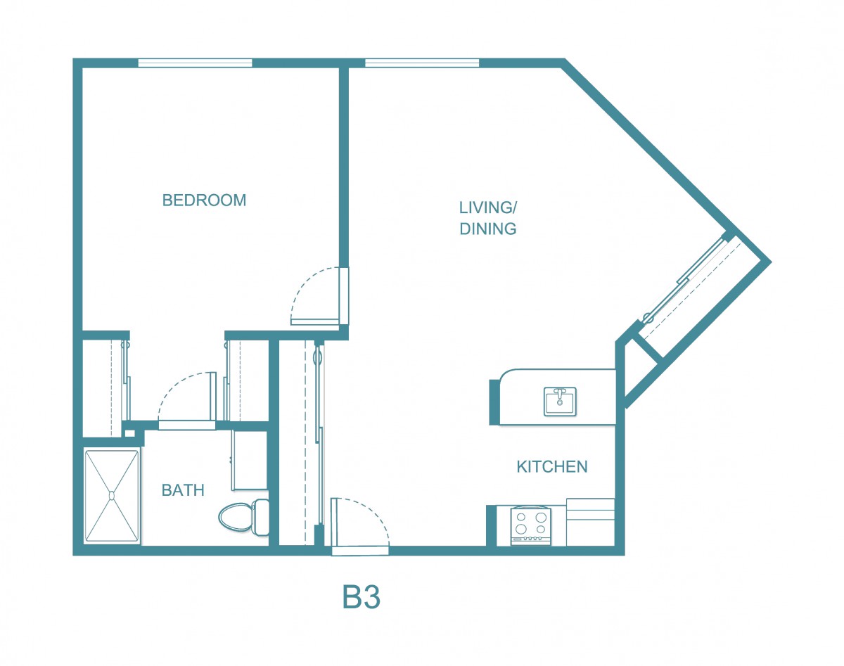 One-bedroom apartment floor plan with living area and kitchen.