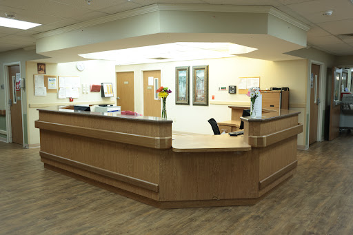 A modern medical reception area with a wooden front desk and welcoming decor.
