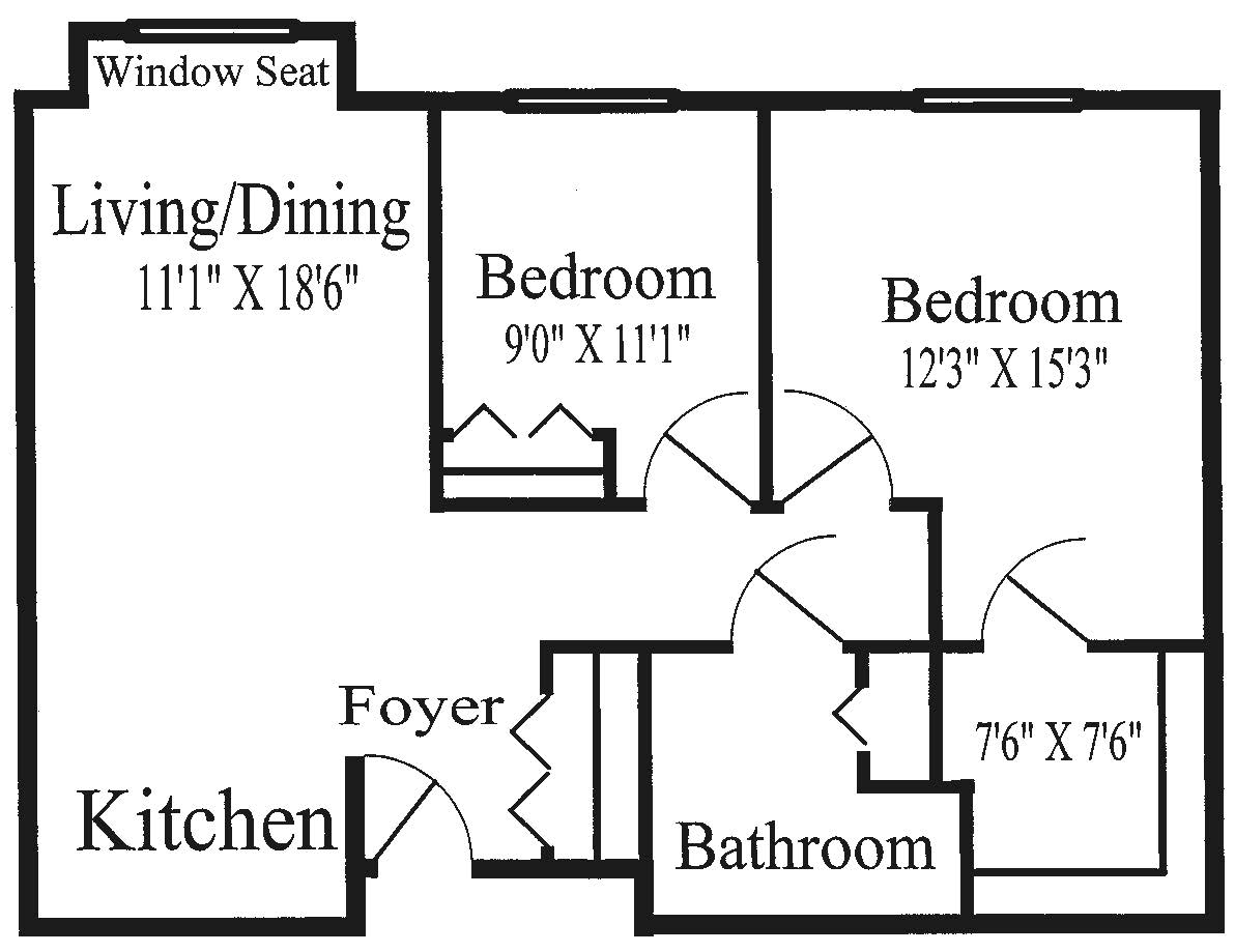 A detailed floor plan of a two-bedroom apartment, featuring a kitchen, living/dining area, and a bathroom.