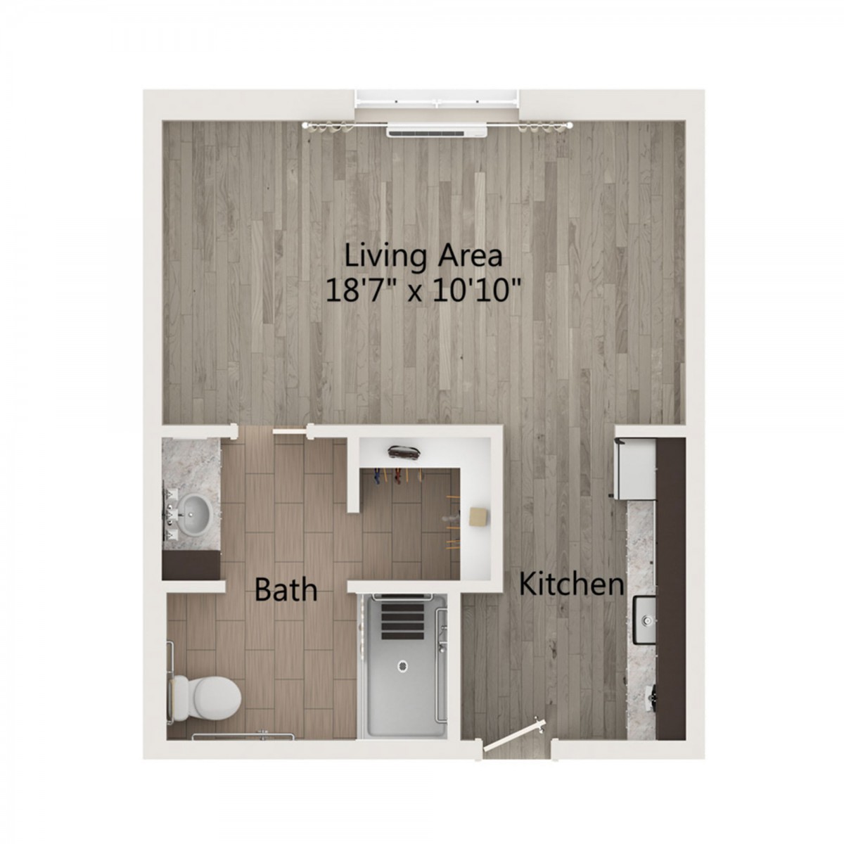 Studio apartment floor plan with a living area, kitchen, and bathroom.