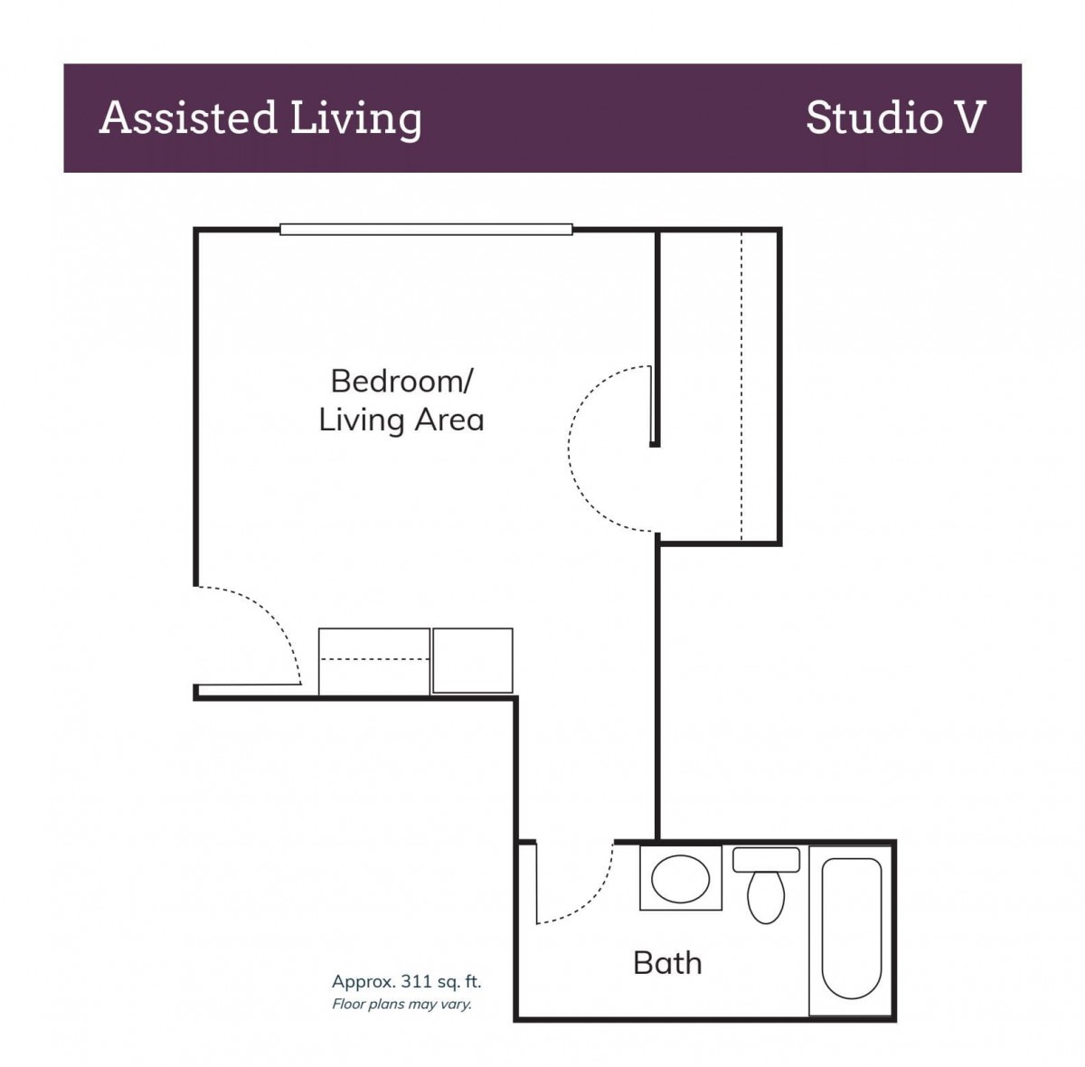 Floor plan of an assisted living studio apartment.