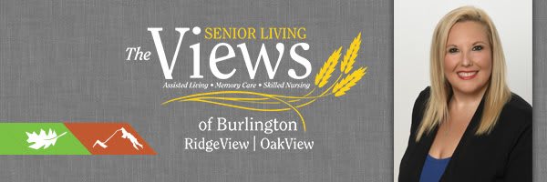 Logo for a senior living community in Burlington, featuring RidgeView and OakView services.