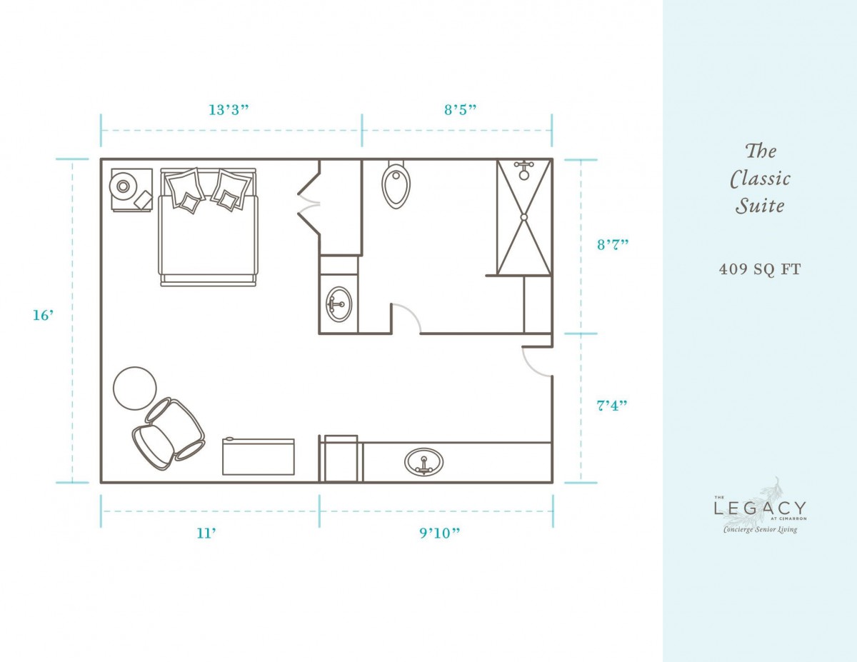 Floor plan of a compact studio apartment featuring a bed, kitchenette, bathroom, and seating area.
