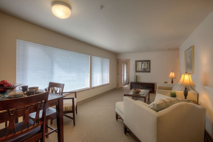 A cozy and bright living room with modern furniture and large windows.