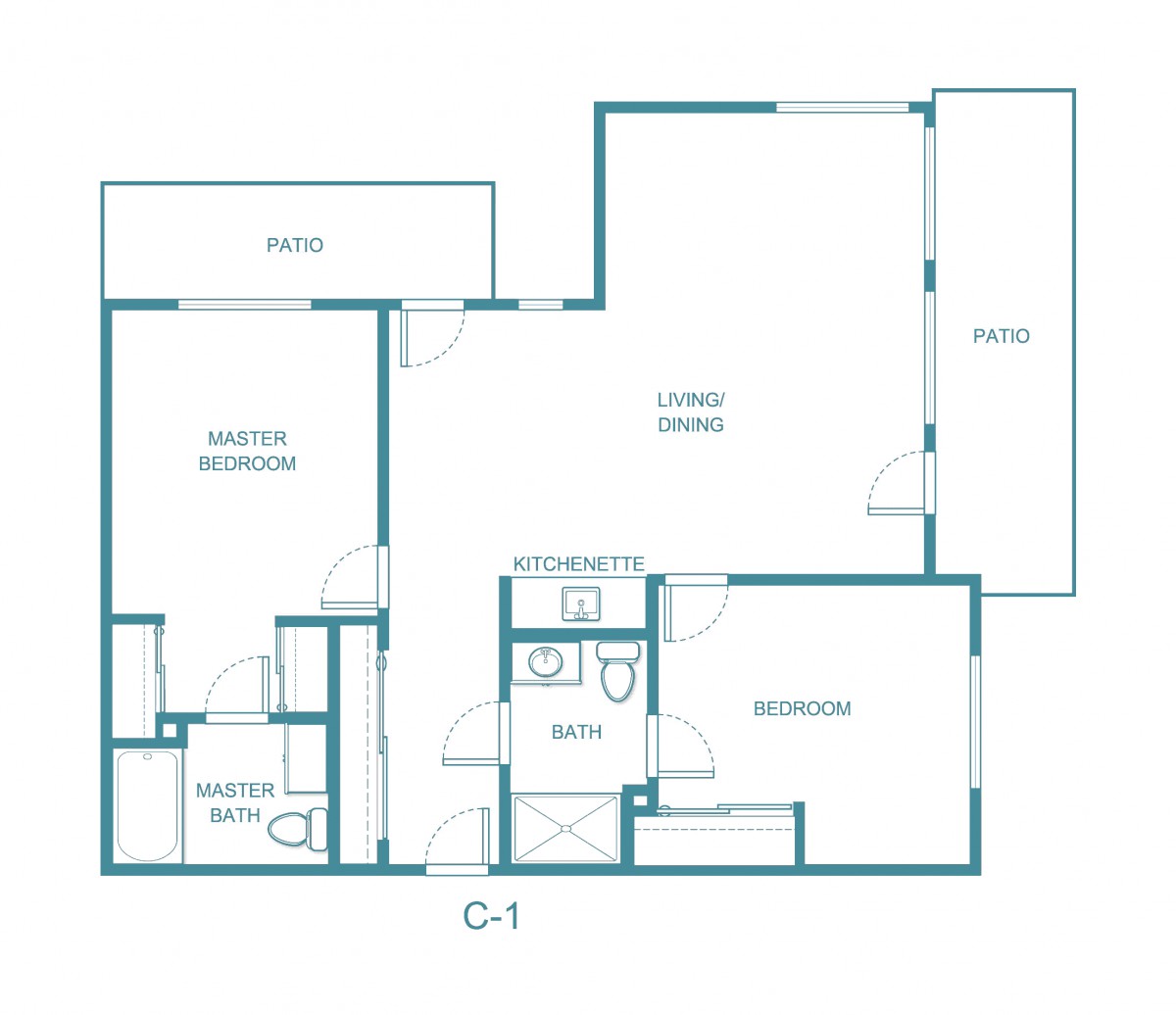 A floor plan of an apartment showing the layout of rooms including a master bedroom, living room, kitchen, and bathroom.