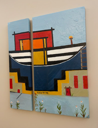 A vibrant abstract painting depicting a stylized boat against a blue background.