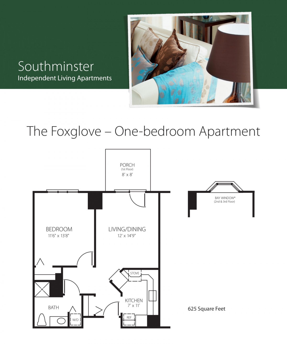 Floor plan of The Foxglove, a one-bedroom apartment at Southminster Independent Living.