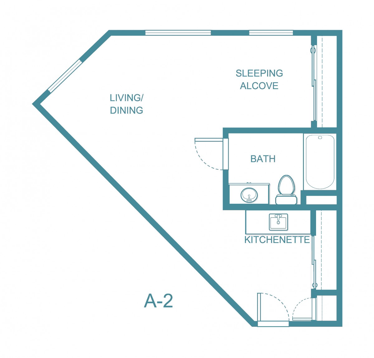 Floor plan of a studio apartment labeled A-2, featuring living/dining area, sleeping alcove, kitchen, and bathroom.