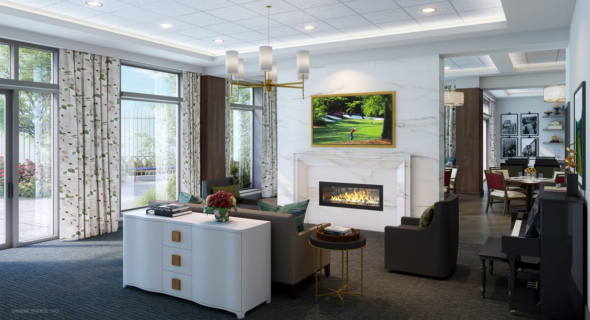 A modern and comfortable living room with a fireplace and a mounted television.