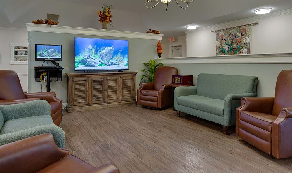 A cozy living room with a TV, sofa, and armchair on a wooden floor.