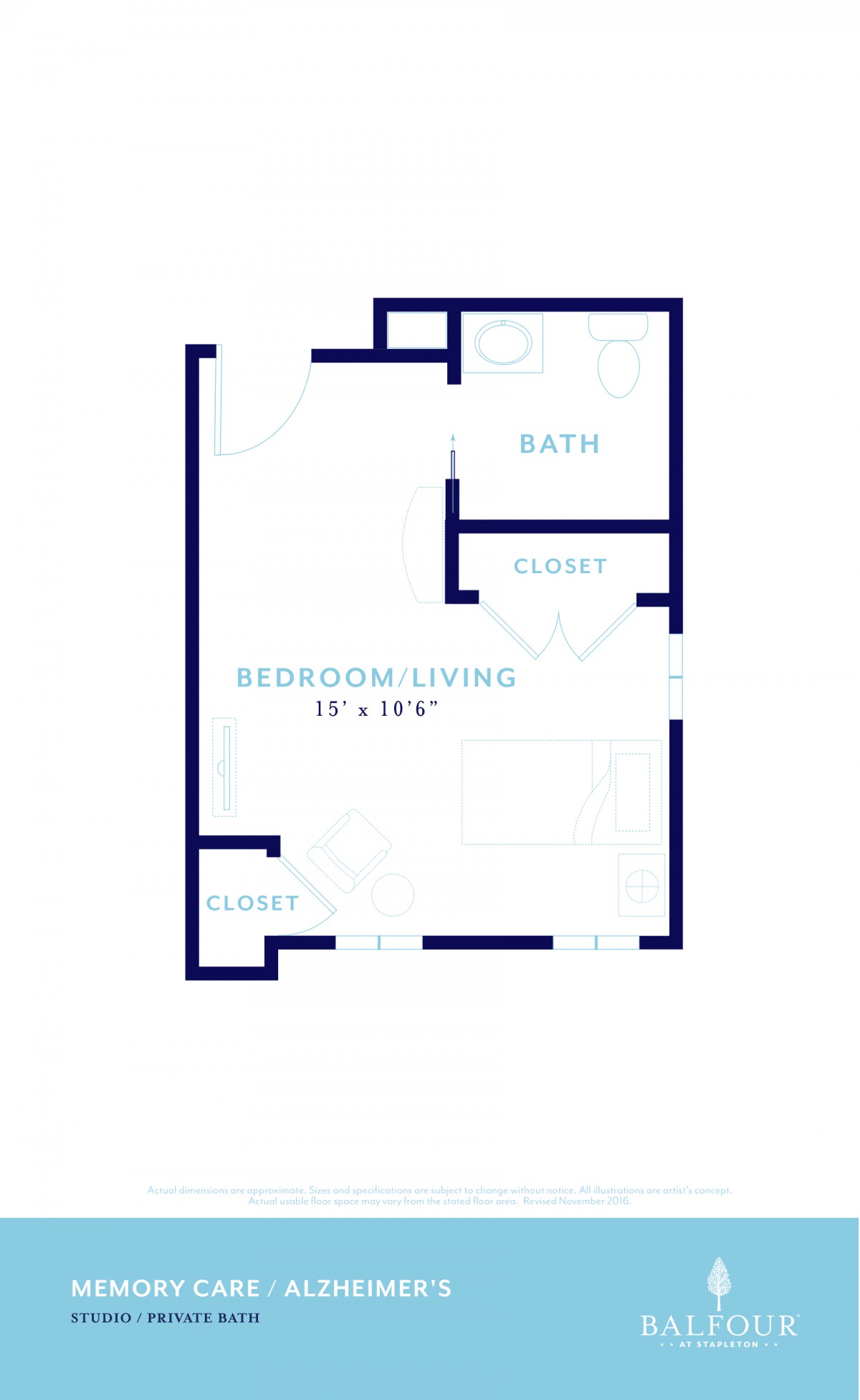 A floor plan of a studio apartment featuring a combined bedroom and living area, bath, and closet.