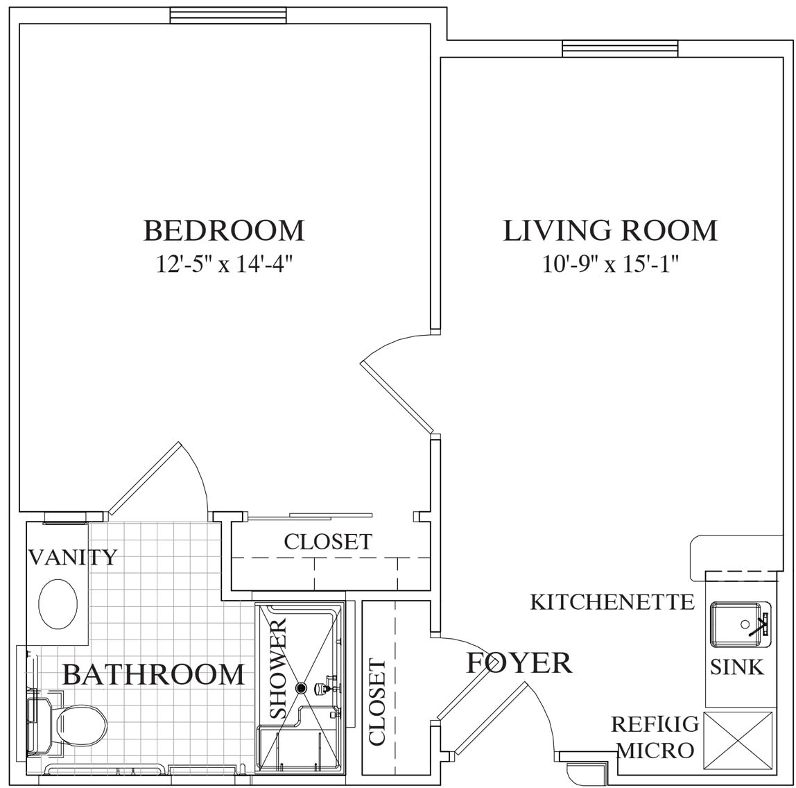 A black and white floor plan of a one-bedroom apartment featuring a living room, bathroom, kitchenette, and several closets.