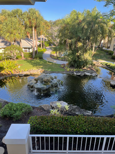 A serene view of a beautifully landscaped pond surrounded by lush greenery and residential structures.