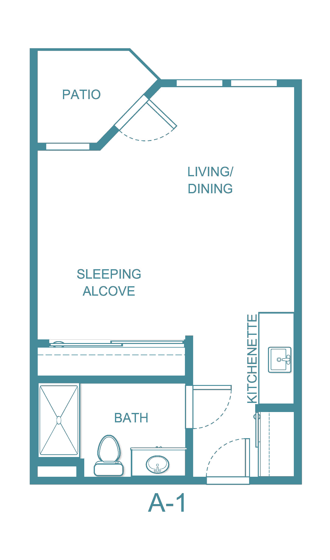 A floor plan of a studio apartment featuring a living/dining area, sleeping alcove, bathroom, and kitchenette.