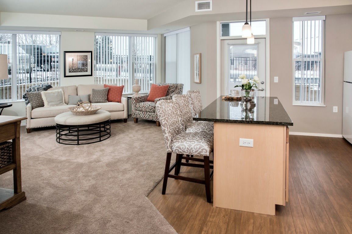 A modern open-concept living room and kitchen area with stylish furnishings.