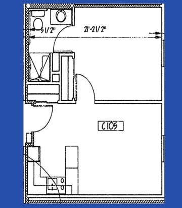 A detailed floor plan of a small apartment unit, showing the bathroom and kitchen areas.