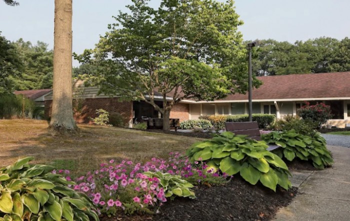 A serene garden landscape with vibrant flowers and lush greenery in front of a building.