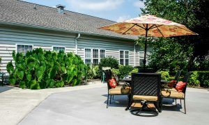 A sunny patio with outdoor furniture and an umbrella in a residential backyard.