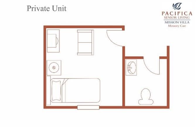 Floor plan of a private unit with a bedroom and bathroom.