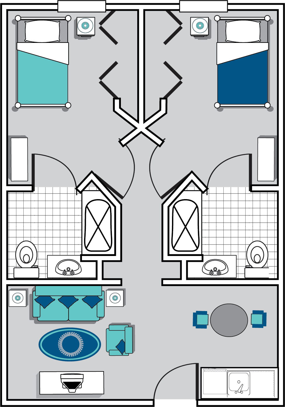 A floor plan of a two-bedroom apartment featuring bunk beds, bathrooms, and a shared living room area.