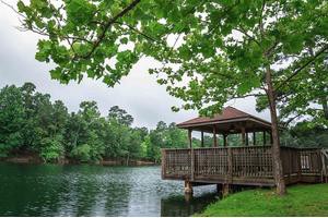 A peaceful gazebo overlooking a lush, green lakeside setting.