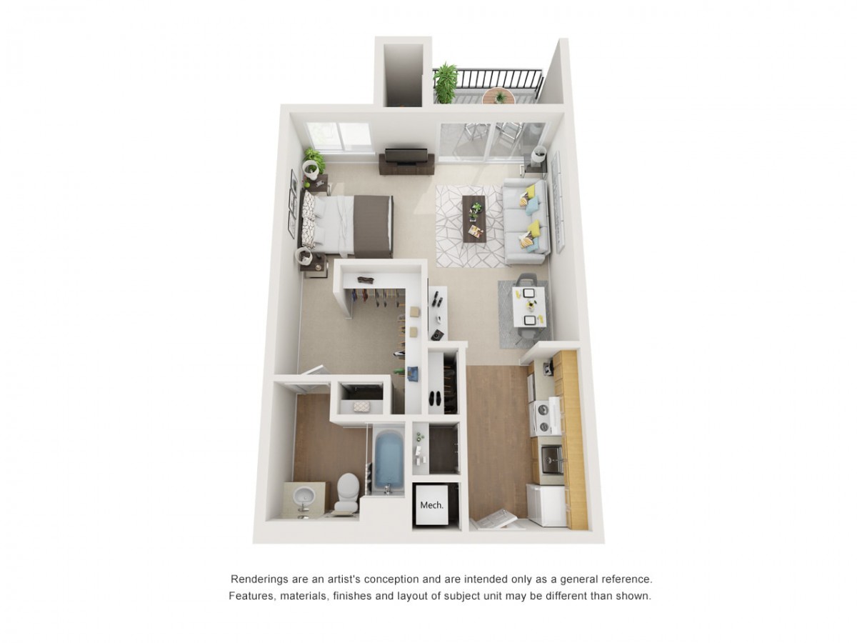 3D floor plan of a one-bedroom apartment with modern interior design.