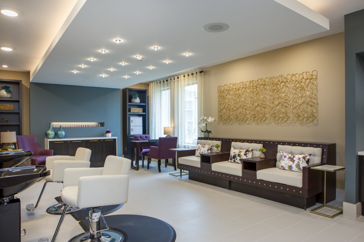 A modern and stylish waiting area with comfortable seating and contemporary decor.