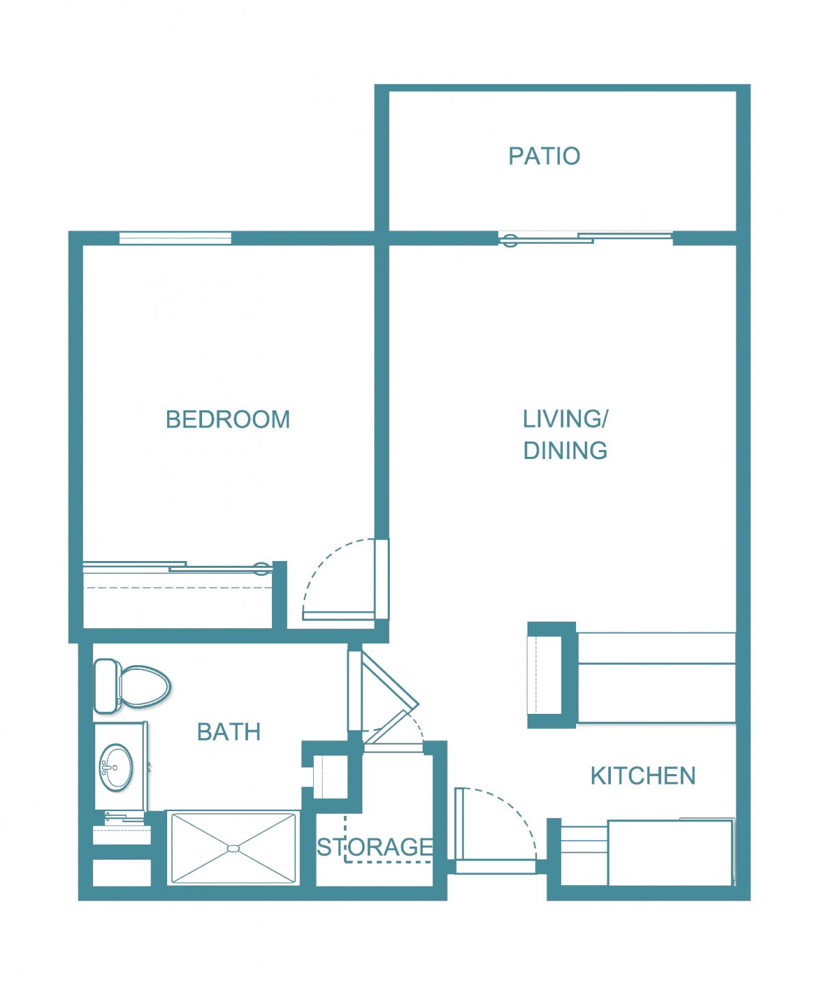 A simplistic floor plan of a one-bedroom apartment featuring a living/dining area, kitchen, bath, and patio.