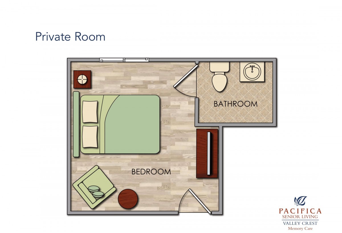 A floor plan depicting a simple bedroom with an attached bathroom.