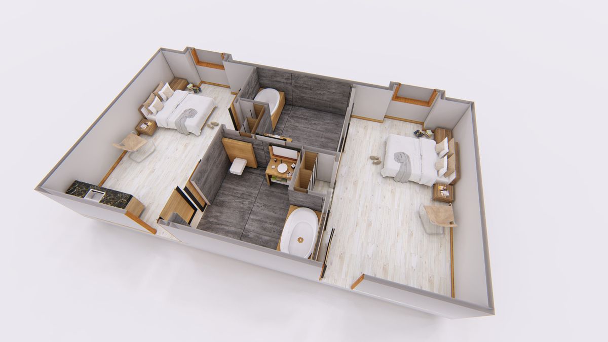 A 3D floor plan of a two-bedroom apartment with shared bathroom and modern furnishings.